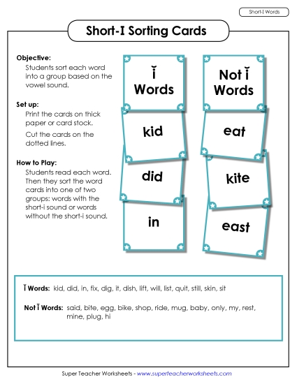 Games and Learning Centers - Word Sorting Cards (Short I Words) (Printable PDF Worksheet)