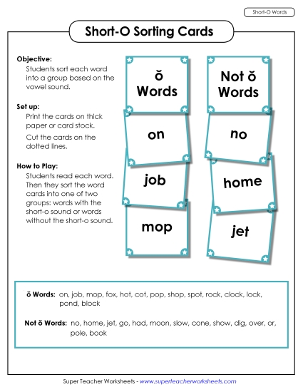 Games & Learning Centers - Word Sorting Cards (Short O) (Printable PDF Worksheet)