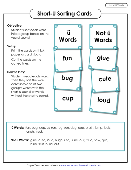 Games and Puzzles - Word Sorting Cards (Short U) (Printable PDF Worksheet)