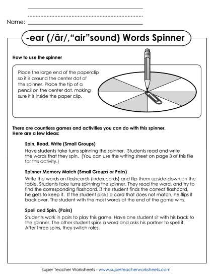 -ear ('air' sound) Word Games - Word Spinner (-ear) (Printable PDF Worksheet)