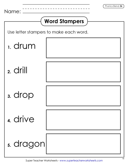 Games & Learning Centers - Word Stampers (Dr- Words) (Printable PDF Worksheet)