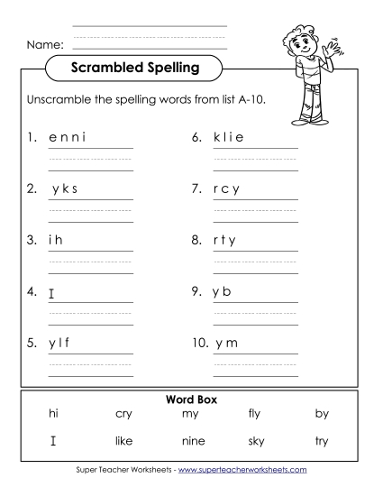 Worksheets - Word Unscramble (A-10) (Printable PDF Worksheet)