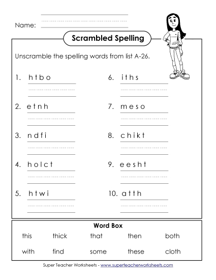 Worksheets - Word Unscramble (A-26) (Printable PDF Worksheet)