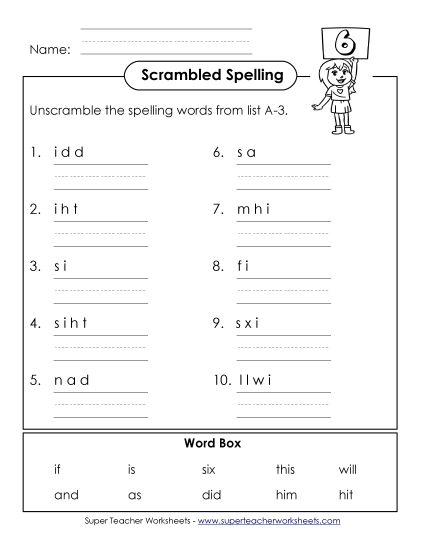 Worksheets - Word Unscramble (A-3) (Printable PDF Worksheet)