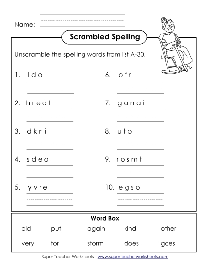 Worksheets - Word Unscramble (A-30) (Printable PDF Worksheet)