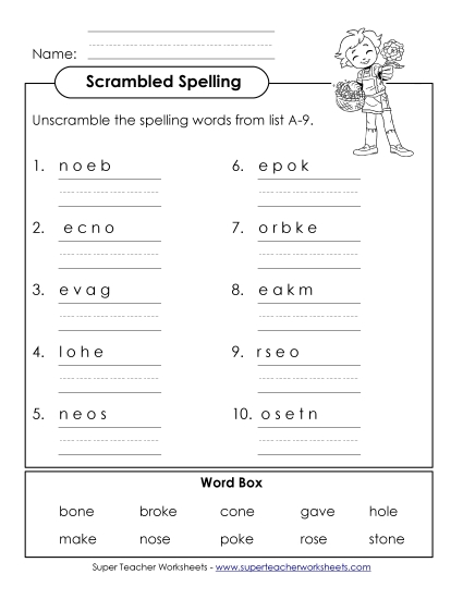 Worksheets - Word Unscramble (A-9) (Printable PDF Worksheet)