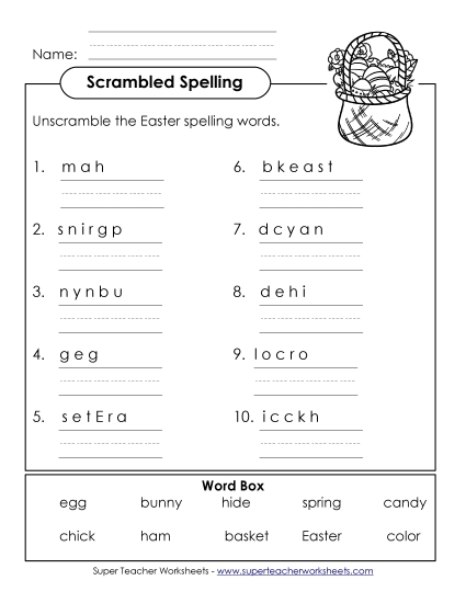 Worksheets - Word Unscramble (A-Easter)  (Printable PDF Worksheet)