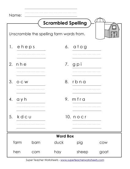Printable Worksheets - Word Unscramble (A-Farm Words)  (Printable PDF Worksheet)