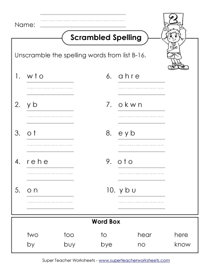 Worksheets - Word Unscramble (B-16) (Printable PDF Worksheet)