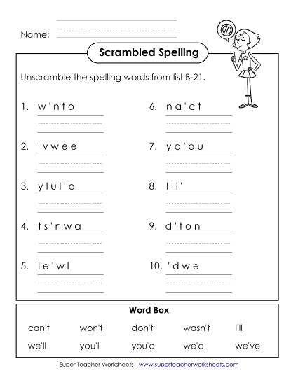 Worksheets - Word Unscramble (B-21) (Printable PDF Worksheet)