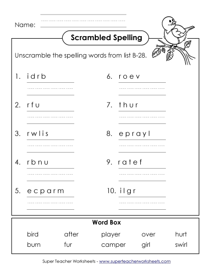 Worksheets - Word Unscramble (B-28) (Printable PDF Worksheet)