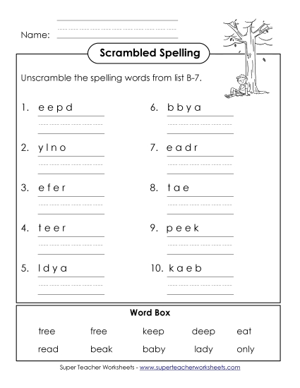 Worksheets - Word Unscramble (B-7) (Printable PDF Worksheet)