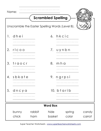 Worksheets - Word Unscramble (B-Easter)  (Printable PDF Worksheet)
