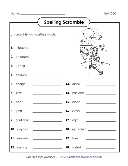 Worksheets - Word Unscramble (C-30) (Printable PDF Worksheet)