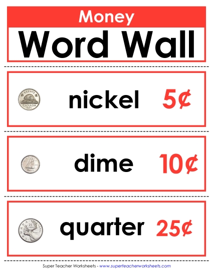 Word Walls Pocket Charts - Word Wall: Coins & Bills (Printable PDF Worksheet)