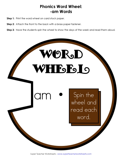 Word Slider, Flashcards, and Word Wheel - Word Wheel (-am Words) (Printable PDF Worksheet)