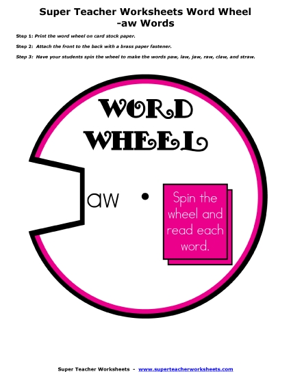 Word Slider, Flashcards, and Word Wheel - Word Wheel (-aw Words) (Printable PDF Worksheet)
