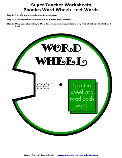 Word Slider, Flashcards, and Word Wheel - Word Wheel (-eet Words) (Printable PDF Worksheet)