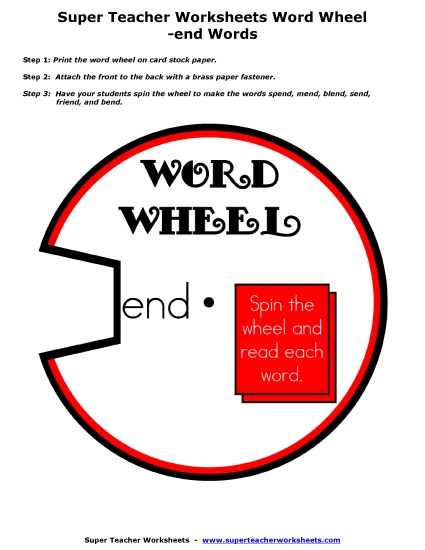 Word Slider, Flashcards, and Word Wheel - Word Wheel (-end Words) (Printable PDF Worksheet)