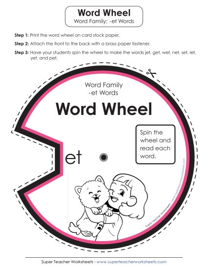 Word Slider, Flashcards, and Word Wheel - Word Wheel (-et Words) (Printable PDF Worksheet)