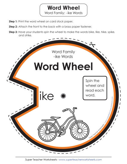 Word Slider, Flashcards, and Word Wheel - Word Wheel (-ike Words) (Printable PDF Worksheet)