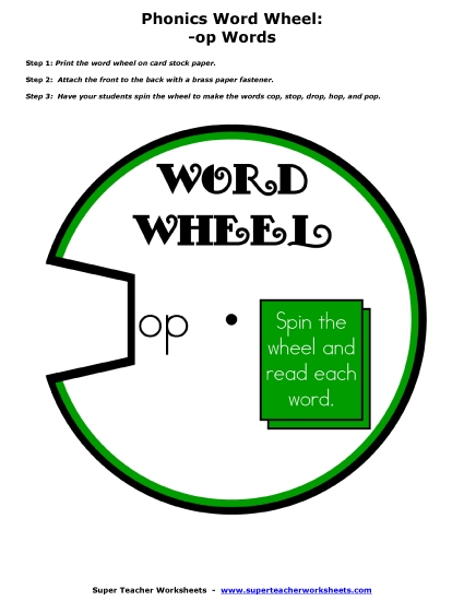 Word Slider, Flashcards, and Word Wheel - Word Wheel (-op Words) (Printable PDF Worksheet)