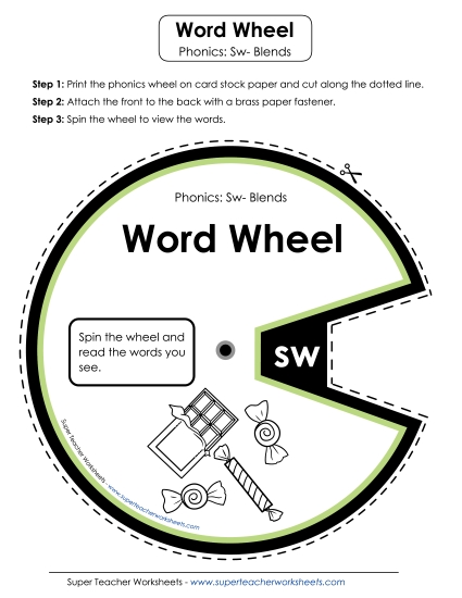 Flashcards, Slider, and Word Wheel - Word Wheel (Sw- Words) (Printable PDF Worksheet)