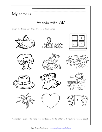 Worksheets - Words with D d (Printable PDF Worksheet)
