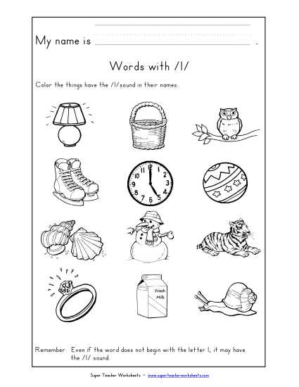 Worksheets - Words with L l (Printable PDF Worksheet)