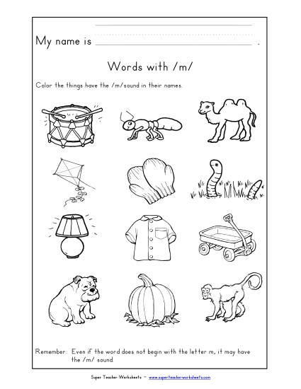 Worksheets - Words with M m (Printable PDF Worksheet)