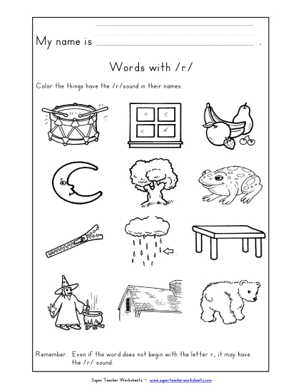 Worksheets - Words with R r (Printable PDF Worksheet)