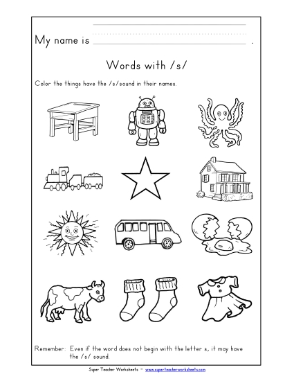 Worksheets - Words with S s (Printable PDF Worksheet)