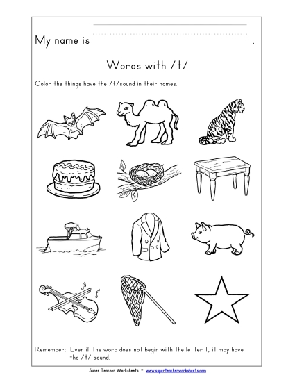 Worksheets - Words with T t (Printable PDF Worksheet)