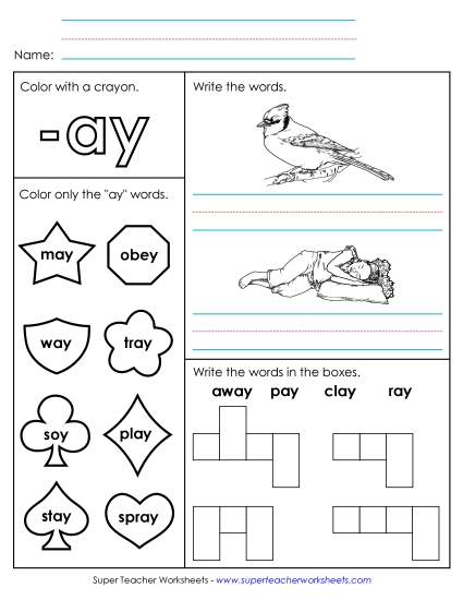 Worksheets - Worksheet 1 (-ay Words) (Printable PDF Worksheet)