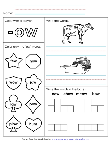 /ow/ Sound (as in Cow) - Worksheet 1 (-ow Words) (Printable PDF Worksheet)