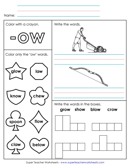 Long-O Sound (as in Grow) - Worksheet 1 (-ow Words) (Printable PDF Worksheet)