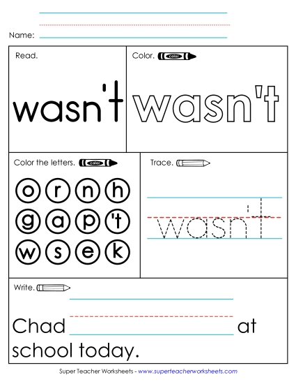 Worksheet 1: Wasn't (Printable PDF Worksheet)