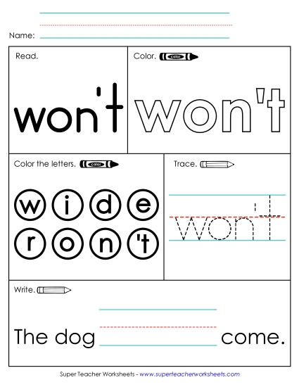Worksheet 1: Won't (Printable PDF Worksheet)