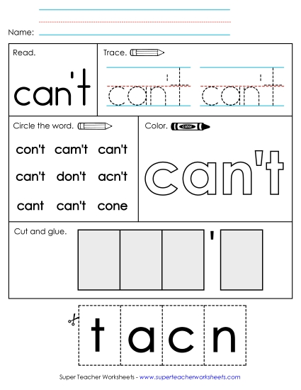 Worksheet 2: Can't (Printable PDF Worksheet)