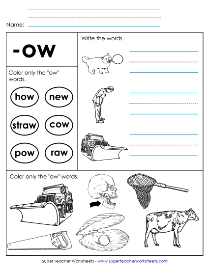 /ow/ Sound (as in Cow) - Worksheet 2 (-ow Words) (Printable PDF Worksheet)