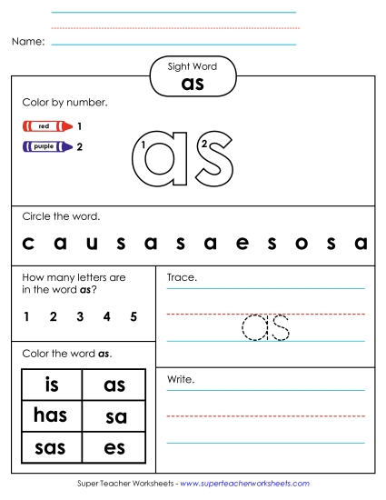 Worksheet 4: As (Printable PDF Worksheet)