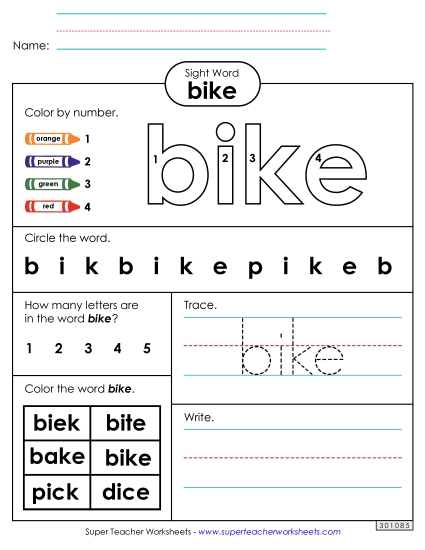 Worksheet 4: Bike (Printable PDF Worksheet)