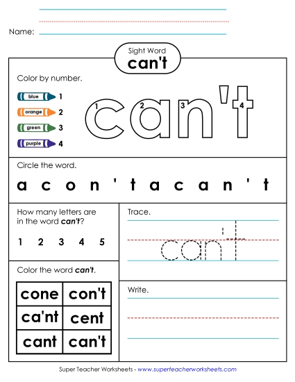 Worksheet 4: Can't (Printable PDF Worksheet)