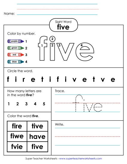 Worksheet 4: Five (Printable PDF Worksheet)