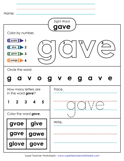 Worksheet 4: Gave (Printable PDF Worksheet)