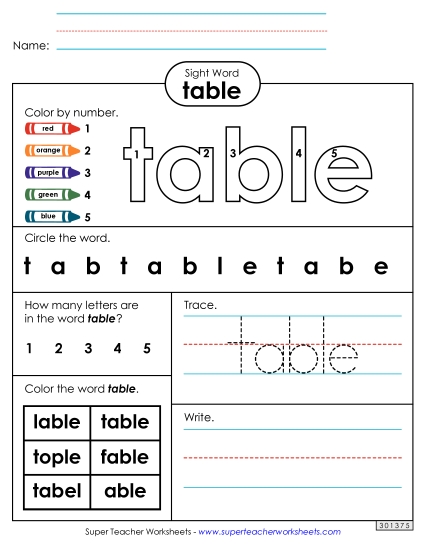 Worksheet 4: Table (Printable PDF Worksheet)