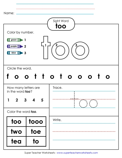 Worksheet 4: Too (Printable PDF Worksheet)