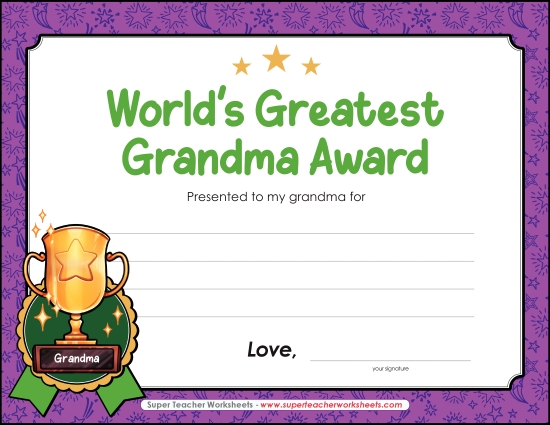 Make Gifts for Grandmas - World's Greatest Grandma Award (Printable PDF Worksheet)