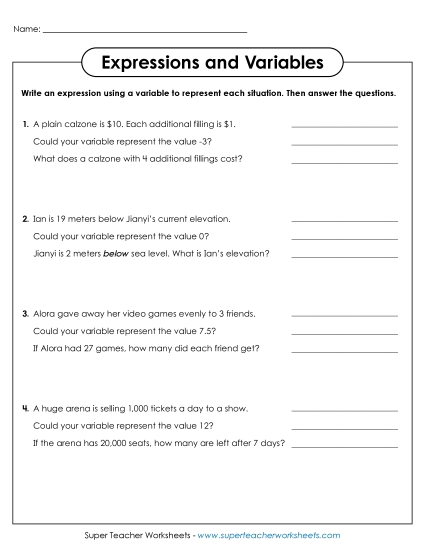 Level: Basic (1-Step; No Parenthesis) - Write and Evaluate Expressions (Printable PDF Worksheet)