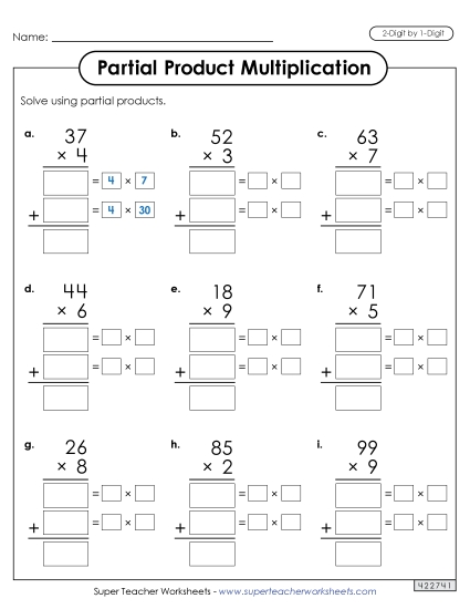 2-Digit by 1-Digit - Write Out the Factors (Partial Products: 2-Digit by 1-Digit) (Printable PDF Worksheet)